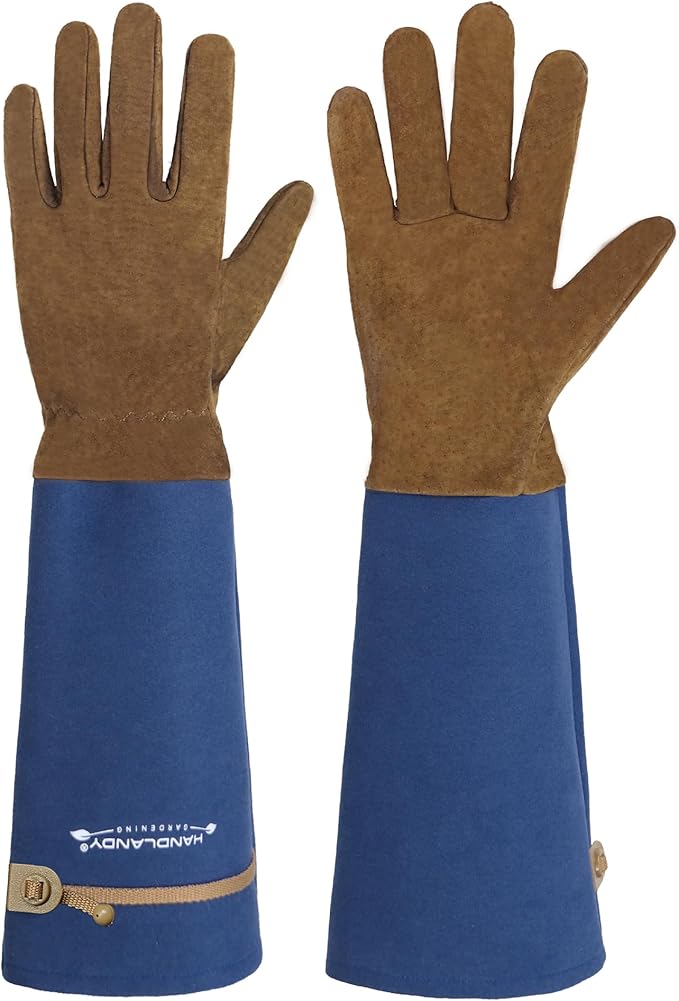 HANDLANDY Long Gardening Gloves for Men & Women, Pigskin Leather Rose Pruning Gloves, Breathable Thorn Proof Gauntlet Glove (Blue, XL)