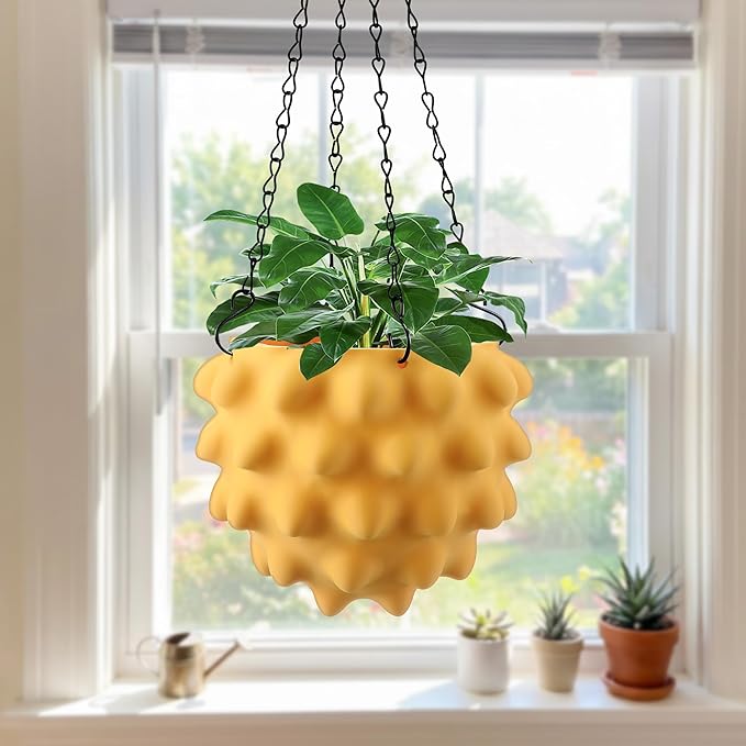 Enhon 7 Inch Hanging Planters for Indoor Plants, Unique Hanging Pots for Plants with Drainage and Hanger Baskets Hangers, Spiked Orb Plant Hanger, Matte Mustard Yellow