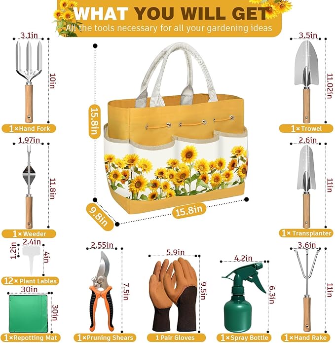 22Pcs Gardening Tools Set for Women Heavy Duty Garden Hand Tool Kit, for Mom Beginner Gardening Accessories with Sunflower Tote Bag/Shovel/RepottingMat/Plant Labels/Gloves-Yellow
