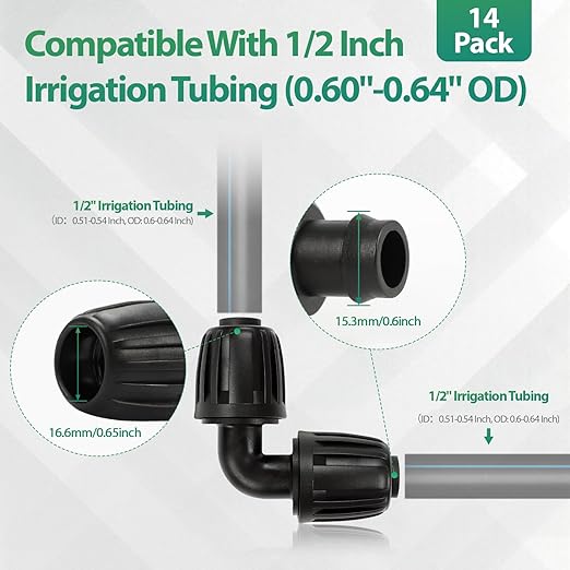 RedChili 14 Pcs 1/2 Inch Irrigation Tubing Elbow Fittings, (1/2" ID x0.6-0.65" OD) 16mm Drip Tubing Barbed Locked Nuts Connectors Anti-Drop 1/2" 90 Degree Elbow Parts for Garden Lawn Irrigation System