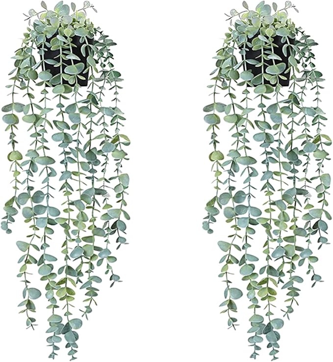 Artificial Hanging Plants, 2 Pack Fake With Pot, Eucalyptus, Indoor Faux Drooping, Potted for Office Desk Living Room Balcony