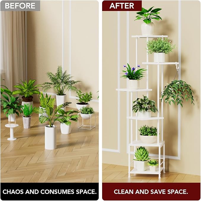 Homsorout Plant Stand Indoor with Grow Light, 6-Tiered Tall Plant Stand Indoor, Metal Plant Shelf with Hanging Basket Hook and Adjustable Light, Ideal for Living Room, Garden, Patio white