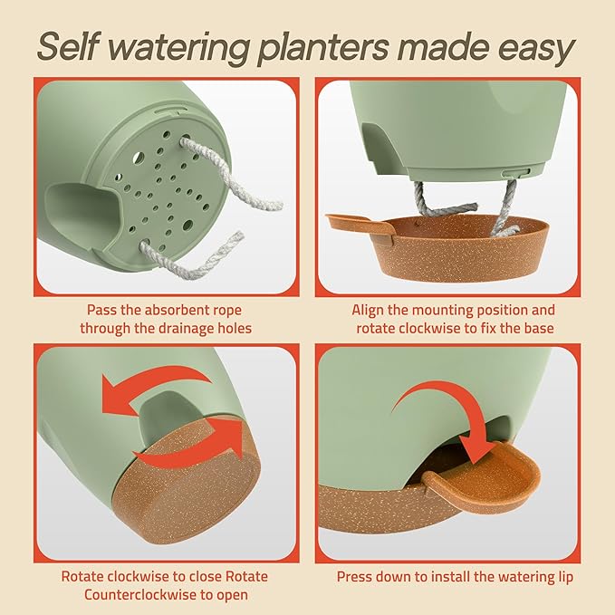 Green Self Watering Pots 5 Pack, Indoor and Outdoor Plant Pots with Wick Rope & Drainage Holes, Easy Watering Lip, Lightweight Plastic Self Watering Planter for Succulents, Houseplants, and Herbs