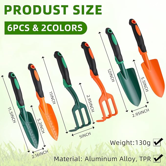 Yaocom 6 Pcs Colorful Garden Tools Set Heavy Duty Gardening Tools Set Include Garden Shovel Transplant Trowel and Hand Rake with Ergonomic Handle Aluminum Alloy Lawn for Planting Gifts Men Women