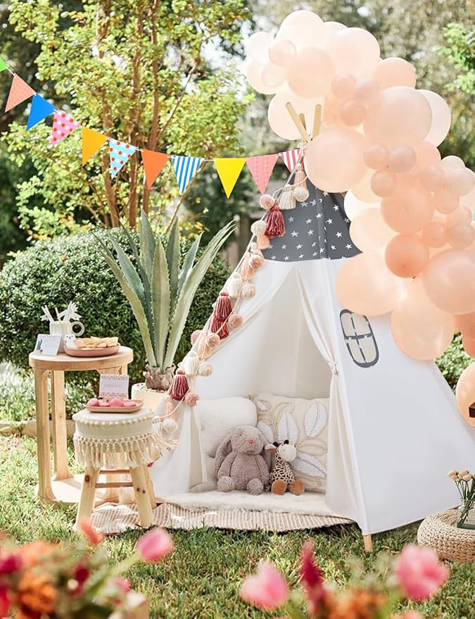 Sumbababy Teepee Tent for Kids, Cotton Canvas Indoor Play Tent, Foldable Toddler Sleepover Tents for Girls & Boys Slumber Party, Washable Gift Set with Star Lights, Banner & Carry Bag, Stars Design