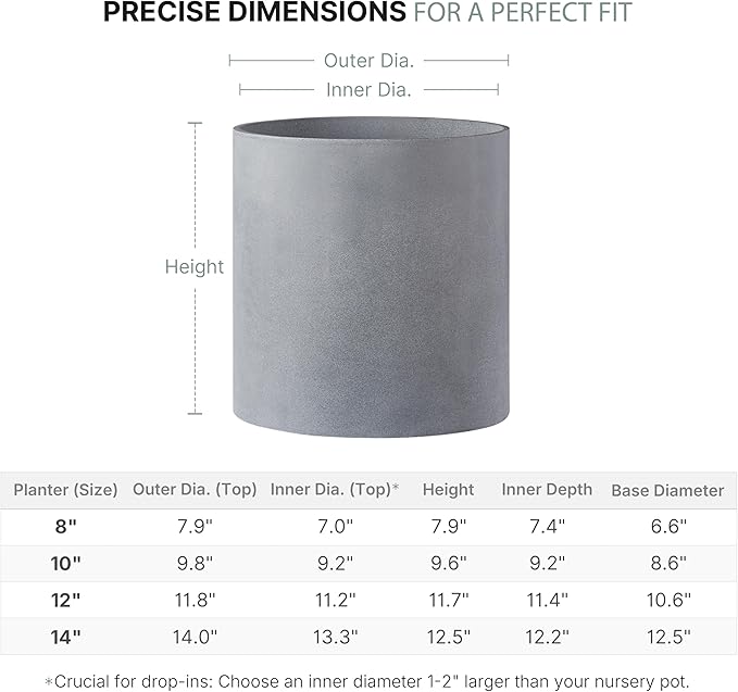 FaithLand 12 Inch Fiberstone Planter - Lightweight Modern Cylinder Plant Pot with Drainage Hole & Plug, Authentic Concrete Look, Gray