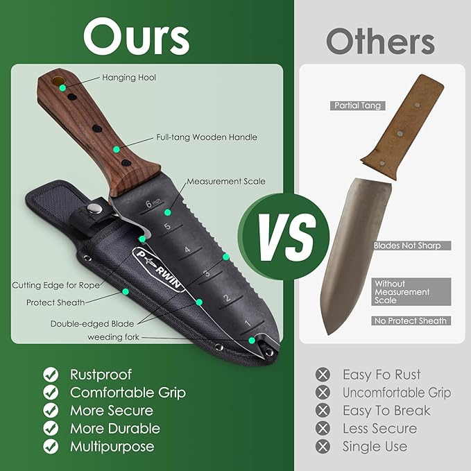 PERWIN Hori Hori Garden Knife, Garden Tools with Sheath for Weeding, Planting, Digging, 7" Stainless Steel Blade with Cutting Edge, Full-Tang Walnut Wood Handle with Hanging Hole