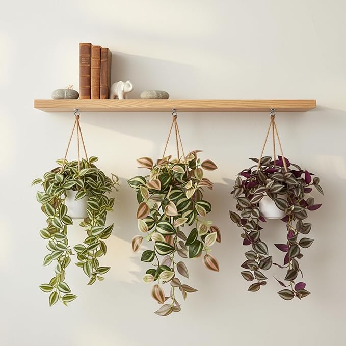 Fake Plants Indoor Artificial Hanging Plants with Pot, Potted Silk Greenery Faux Watermelon Peperomia Ivy Draping Plant for Home Office Desk Living Room Bedroom Wall Shelf Decor (Green, Purple)