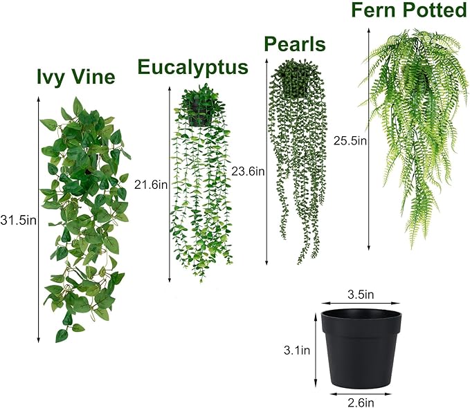 LumBelle 4 Pack Artificial Plants Wall Hanging Fake Plants Indoor for Shelf Boho Faux Eucalyptus Ivy Vine House Plants for Living Room Wall Backdrop Outdoor Decor