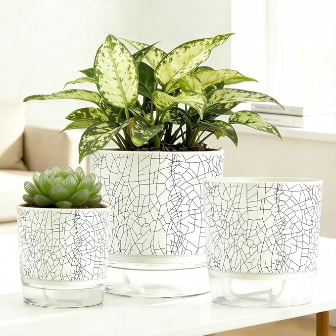3 Pack 4.3+5.5+6.3 Inch Self Watering Pots Set, Self Watering Planter with Reservoir and Wick Rope for Indoor/Outdoor Plants, Modern Houseplants Pots for African Violets,Cactus,Herbs,Succulents