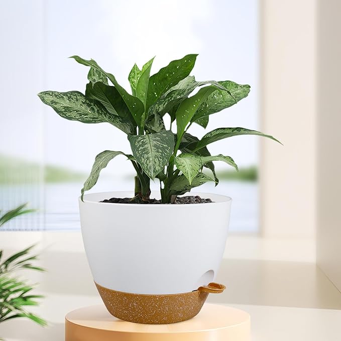 Meowell 12 inch Large Self Watering Pots for Indoor Outdoor Plants, Plant Pots with Mesh Drainage Holes for Garden House Plants, Plastic Planters with Reservoir for Flower Plants, White with Brown