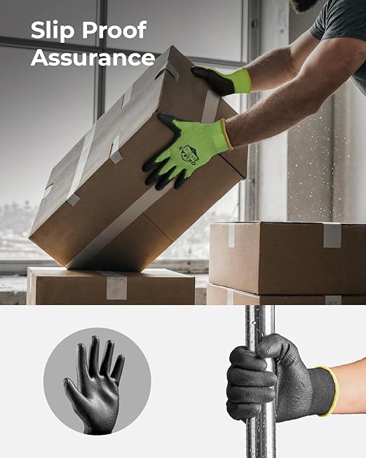 OKIAAS Work Gloves for Men，Ultra Thin and Lightweight Working Gloves with Grip, 12 Pairs Bulk Pack Construction Gloves with Polyurethane Coating for Light Duty Work (Black, XX-Large)