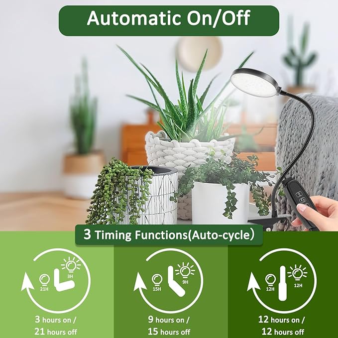 Indoor Plant Grow Light, 6000K Full Spectrum LED, Auto On/Off Timer, 9 Dimming Levels, 360 Adjustable Gooseneck, Modern Style, Black