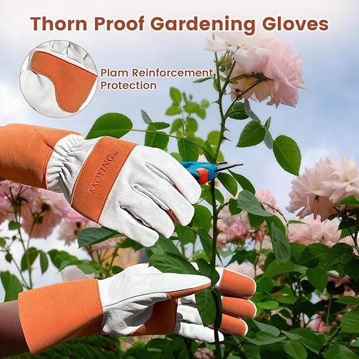 Gardening Gloves, Long Thorn Proof Garden Gloves for Women and Men, Goatskin Breathable Leather Work Gloves for Gardening, Pruning, Yard Work, Brown, S