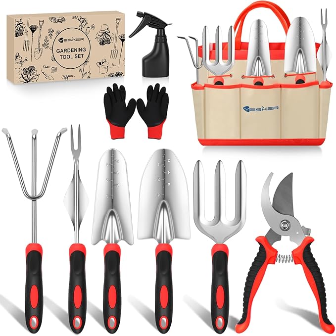 Yesker Gardening Tools 9-Piece Heavy Duty Garden Tool Set Gardening Supplies Gifts for Women Men Gardening Hand Tool Kit with Non-Slip Ergonomic Handle, Garden Bag, Durable Gloves, Pruning Shears, Red