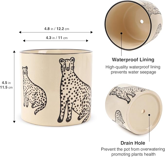 STHIE 5 Inch Ceramic Planters for Indoor Plants, Funny Small Plant Pots with Drainage, Unique Decorative Cute Flower Pot Panthers Round Flowerpots