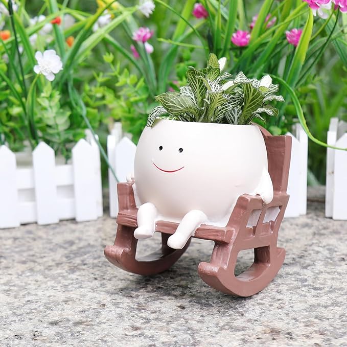 Camotank Smiley Face Rocking Chair Planters Flower Pots for Plants Funny Succulents Plant Live Cute Resin Head Planter for Indoor Outdoor Plants Gift Ideas for Mother and Christmas (Small)