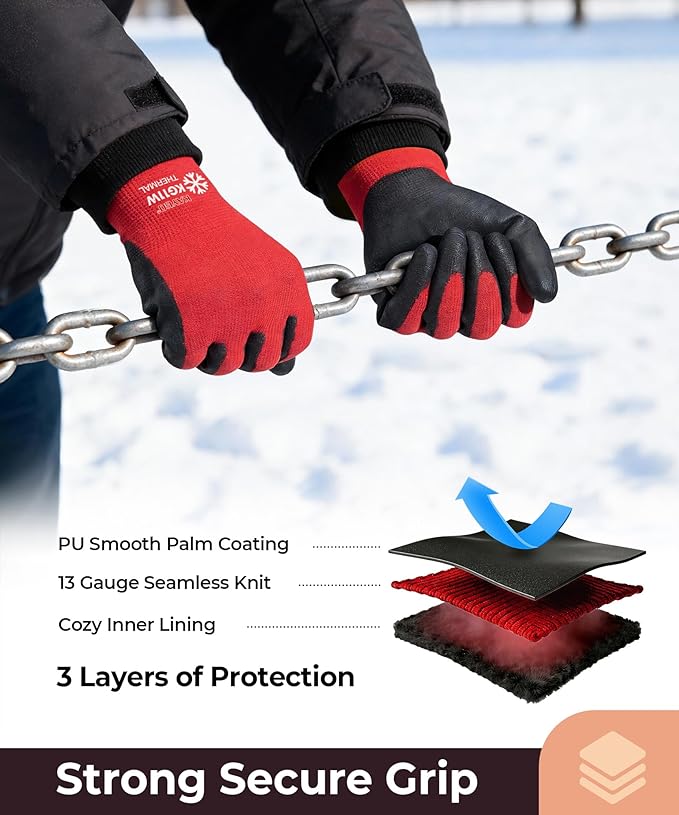 KAYGO 12 Pairs Winter Work Gloves for Men and Women, Thermal Insulated Safety Work Gloves PU Coated, Super Grip,Ideal for Freezer Work,Red,M