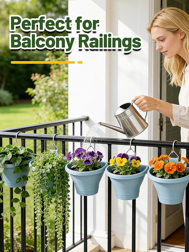 MADHOLLY 6Pcs Vertical Hanging Planters for Outdoor Plants - Wall Plant Holder for Indoor Decorations Garden Fence, Plastic Flower Pots with Drainage Grid and Hooks (Blue)