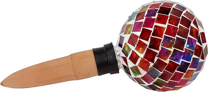 Sunnydaze Mosaic Glass Plant Watering Globe with Clay Spike - Decorative Self-Watering Planter Insert - Water Dripper for Plants - 9.5" - Magenta Medley