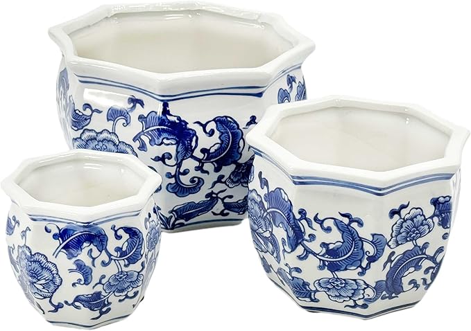 Galt International Blue & White Floral Porcelain Ceramic Decorative Flower Pot 8"/6"/4.5" Garden Pots Chinese Asian Design - Set of 3 Round Bulb Fluted
