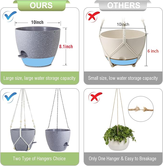 Meowell Self Watering Hanging Planters 10 inch, 2 Pack Hanging Flower Pots for Indoor Outdoor Plants, Hanging Baskets with Drainage Holes & 2 Kinds of Plant Hangers for Garden Decor, Speckled Grey