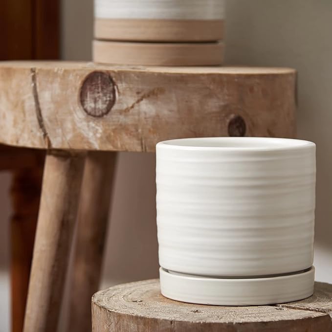 HERDUK 6 Inch Plant Pots, Ceramic Planter Pot with Drainage Hole & Saucer, Indoor/Outdoor Cylinder Round Planter Pot, Matte White