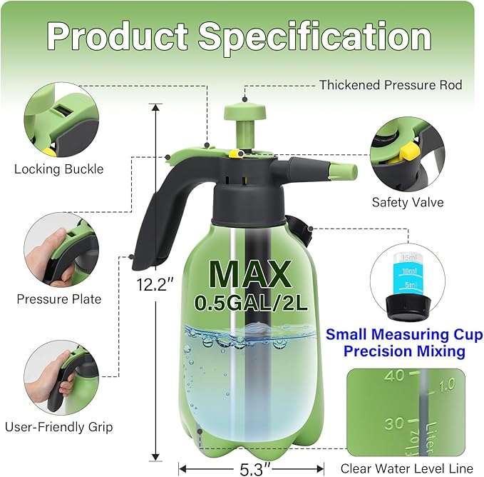 0.5 Gallon Hand Pump Sprayer for Garden Plant and Cleaning with 2 Adjustable Nozzle and Side Water Inlet & Safety Valve