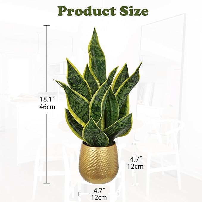 DILATATA Artificial Snake Plant in Gold Pot, 18” Faux Sansevieria Potted Plant for Home Office Decor, Fake Snake Plants Laurentii Indoor Modern Tabletop Decor Faux Mother in Law Tongue