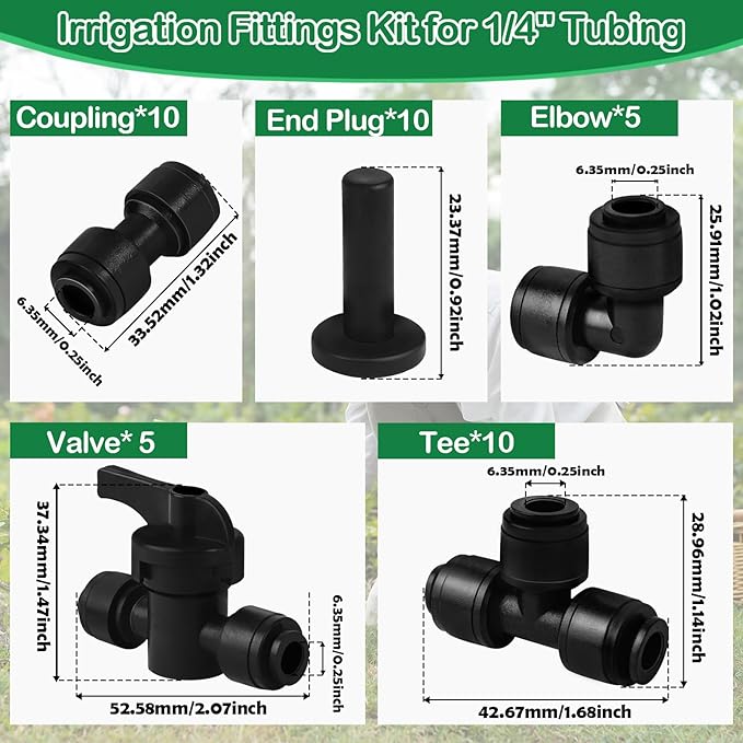 1/4 Inch Drip Irrigation Fittings, 40 Pieces Push-to-fit Connection Parts for 1/4" Irrigation Tubing Leak Free Drip Line Connectors Kit for Garden Lawn Irrigation System