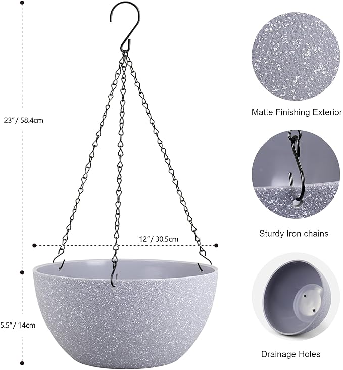 Meowell 12 inch Large Hanging Planters for Indoor Outdoor Plants, 2 Pack Hanging Flower Pots with Drainage Holes and Chain for Garden Porch, Plastic Hanging Baskets for House Plants, Speckled Grey