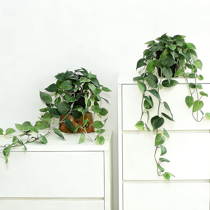 Fake Pothos Hanging Plants with Pots, 33.5" Set of 2 Faux Ivy Vines, Realistic Silk Artificial Plants Greenery for Home Indoor Decor, Living Room, Desk Shelf, Bathroom Decoration
