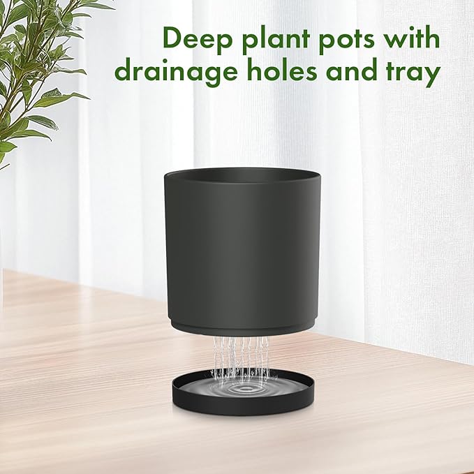 Meowell 12/10/8 inch Large Deep Plant Pots, 3 Pack Tall Cylinder Flower Pots for Outdoor Indoor Plants, Plastic Planters with Drainage Holes and Saucers for Garden Porch House Plants, Black