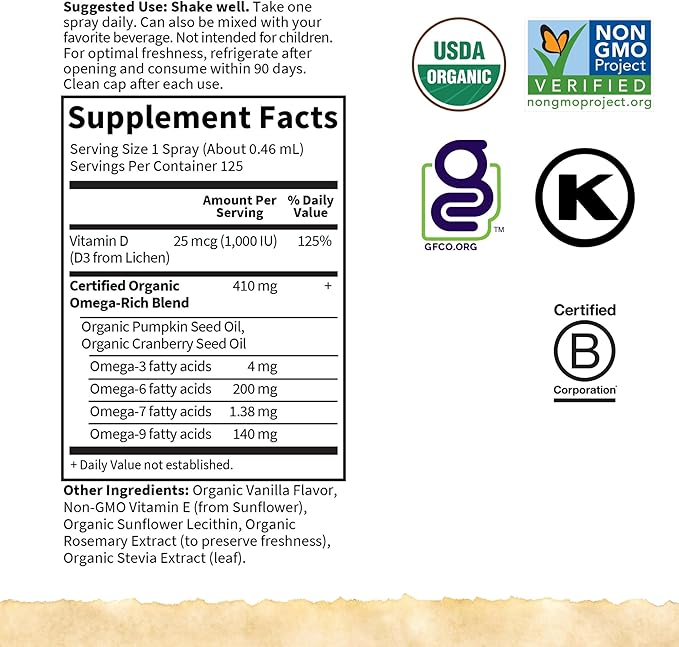 Garden of Life Organics Vegan Vitamin D3 Spray with Plant Omegas – Liquid Vitamin D3 for Immune Support & Bone Health, 1000 IU, USDA Organic, Non-GMO, Vanilla Flavor, 2 Fl Oz Bottle, 125 Servings