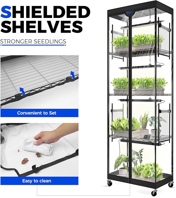 Barrina LP600 Mini Greenhouse with Grow Lights, 5-Tier Plant Stand with 100W TX-S25 1.6FT 5000K Full Spectrum Plant Shelf with Tent, Timer & Thermometer for for Seed Trays Growth, 23.6 x 13.8 x 70.9IN