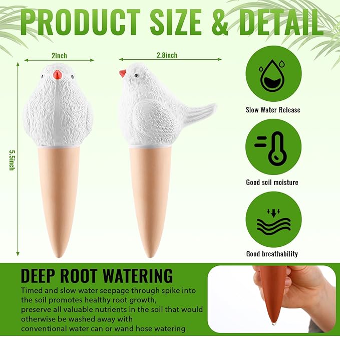 Sliner 8 Pack Bird Shaped Plant Watering Globes Self Watering Planter Insert Terracotta Irrigation Globe Devices with Slow Release Automatic Water Spike for Indoor Outdoor Potted Plant(White)