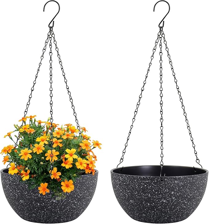 Meowell 8 inch Small Hanging Planters for Indoor Outdoor Plants, 2 Pack Hanging Flower Plant Pots with Drainage Holes and Chain for Porch, Plastic Hanging Baskets for House Plants, Speckled Black