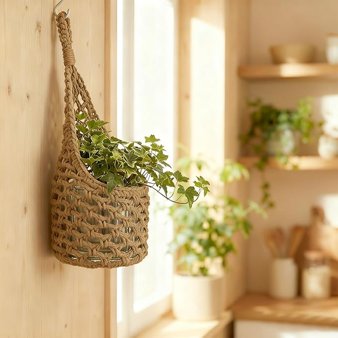 Macrame Wall Plant Hanger, Hanging Planter Basket Holder, Wall Planters for Indoor Plants, for Up to 6 Inch Pot (Brown, 6-Inch)