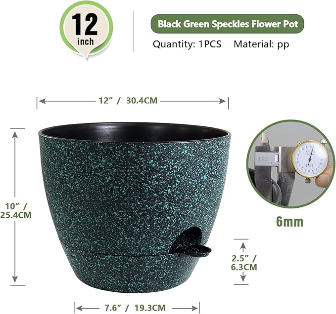 Meowell 12 inch Large Self Watering Pots for Indoor Outdoor Plants, Flower Plant Pots with Mesh Drainage Holes for Garden House Plants, Plastic Planters for Home, Black with Green Speckles