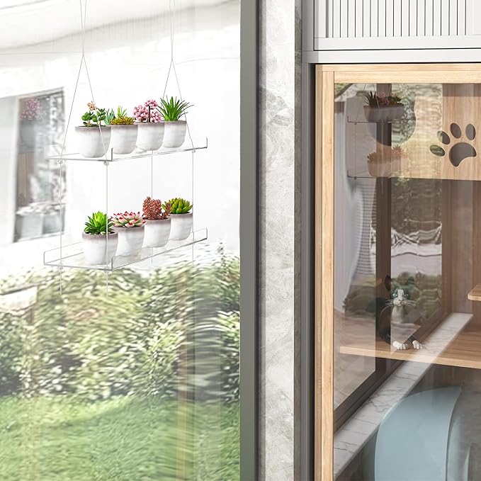 OtNiap 2-Tier Clear Hanging Window Plant Shelves 16inch,Indoor Windows Wall Hanging Plant Stand Flower Display,Flower Pot Organizer Storage for Window Grow Herbs,Microgreens,Succulents,Flower