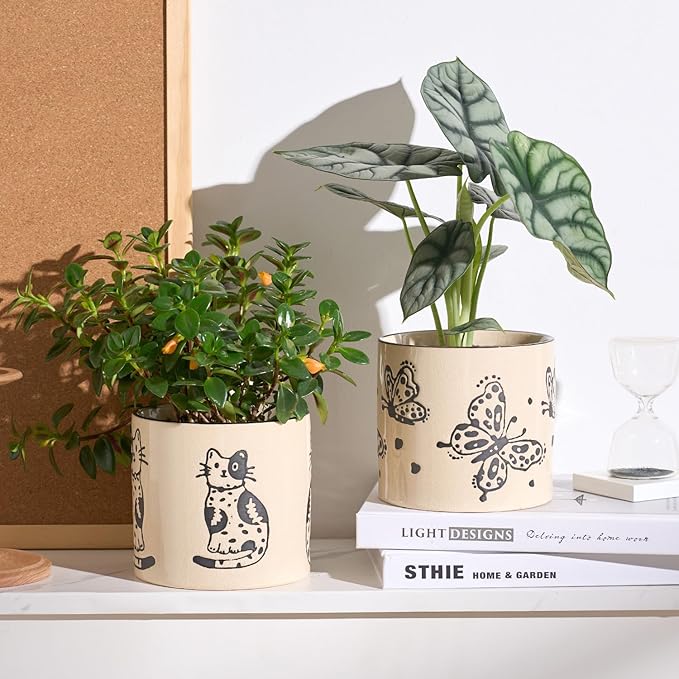 STHIE 5 Inch Ceramic Plant Pots with Drainage Holes, Small Round Flower Pots for Indoor Plant, Unique Animal Flower Planters (Cat)