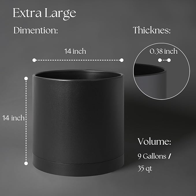 Giraffe Creation 14-Inch Round Cylinder Plant Pot, Modern Indoor/Outdoor Planter with Drainage Hole, Saucer & Water Reservoir, Black
