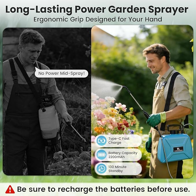 Battery Powered Sprayer 2 Gallon - Pump Sprayer Electric Garden Spray with 4 Nozzles Retractable Wand USB Weed Spraying for Lawn and Yard Plant Care
