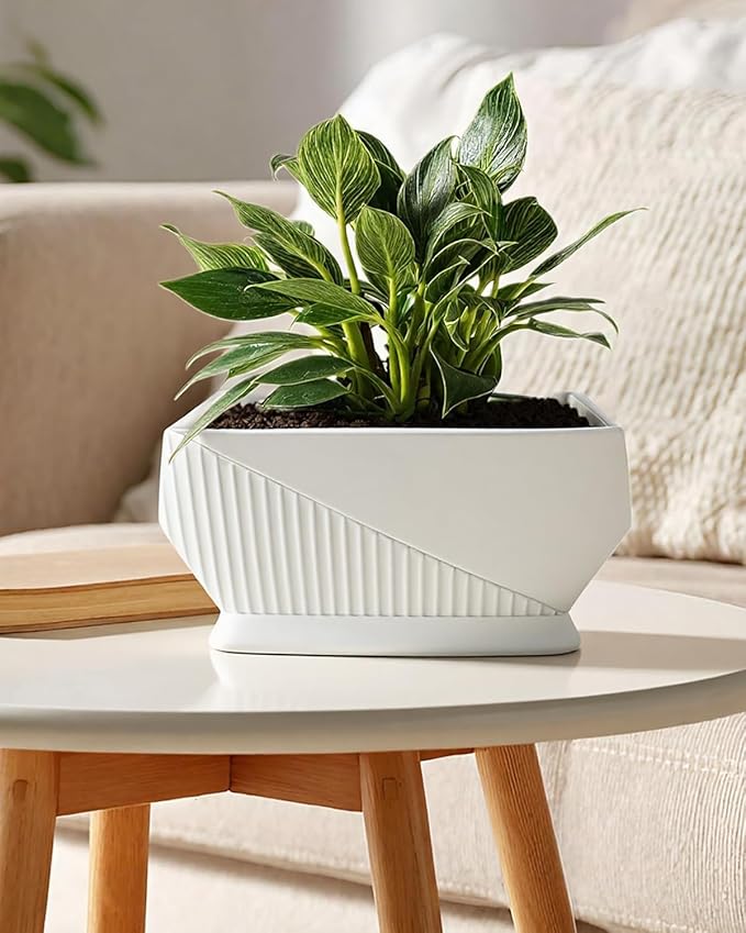 OXART Ceramic Plant pots Indoor Pots Set with Drainage Holes, 12+9 inch Flower Pot Rectangle Planters Pots for Plants for Plants Lilies, Cacti, Succulents, and Pothos, No Trays (White-1)