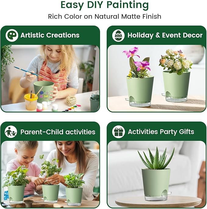 Meowell 4 inch Self Watering Pots for Indoor Plants, 5 Pack Small Flower Plant Pots with Drainage Holes and Clear Reservoirs, Visible Water Level, Plastic Planters with Wicking Rope, Green