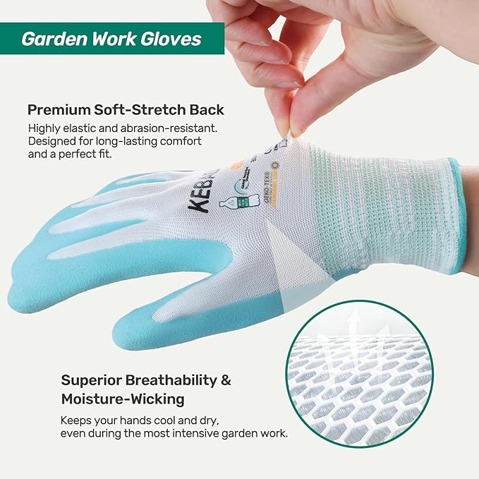 Kebada Gardening Gloves for Women, 6 Pairs Latex Coated Women Yard Work Gloves, High Visibility, Medium, Aqua & Red