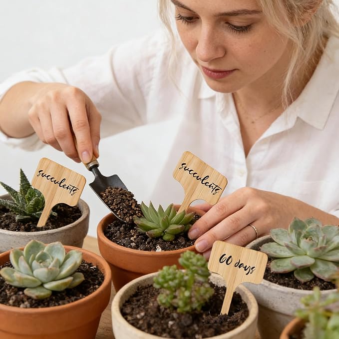 Whaline 50Pcs Bamboo Plant Labels with A Marker Pen, T-Type Wooden Plant Sign Tags Garden Markers for Seed Potted Herbs Flowers Vegetables(6 x 10 cm)