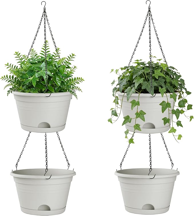 Nooulap 4 Pack Hanging Planters, 10 Inch Hanging Plant Pot with Hanger Chain & Drainage Trays, Hanging Baskets for Plants Outdoor Indoor, Flowers Pots for Home, Garden, Porch Decor (Grey)
