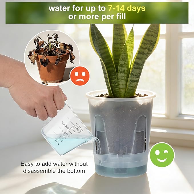 Plant Pots 6 inch Set of 5, Self Watering Pots for Indoor Outdoor, Upgraded Water Inlet Self Watering Planters Flower Pots with Drainage Hole and Clear Saucer Reservoir (Clear)