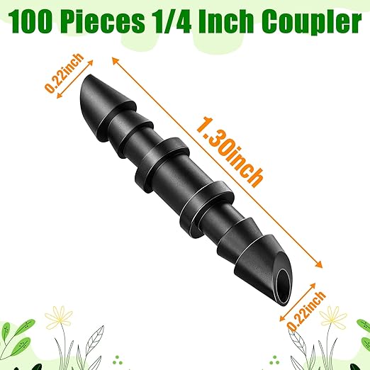 100 Pack Drip Irrigation 1/4" Barbed Coupling Fittings, Drip Line Barbed Coupler Connectors for 1/4 Inch Irrigation Tubing Micro Irrigation Connection Parts for Garden Sprinkler Systems